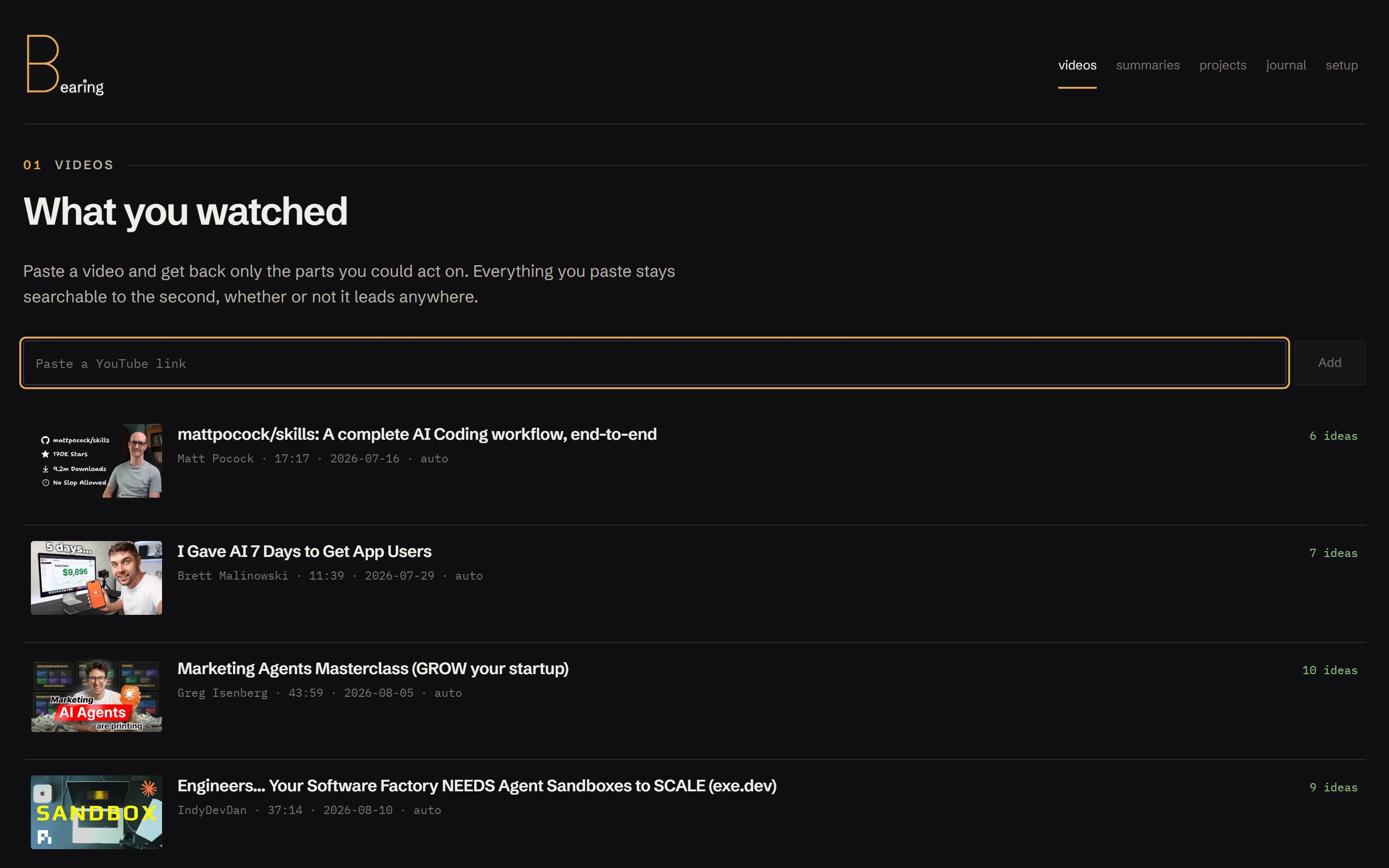 Bearing's full videos view — masthead and navigation over the watched-video list, each entry carrying its distilled idea count.