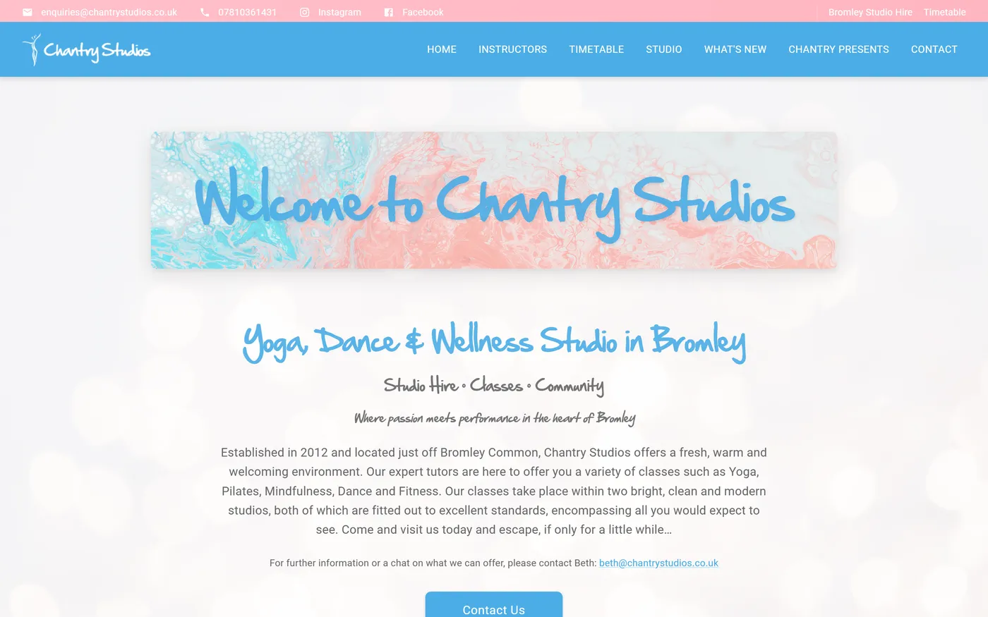 The Chantry Studios homepage — a hand-lettered welcome banner over the line "Yoga, Dance & Wellness Studio in Bromley".